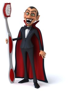 Scary dracula dentist holding toothbrush
