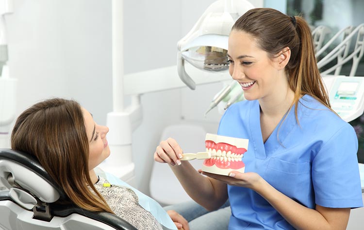Dentist showing patient about dental hygiene