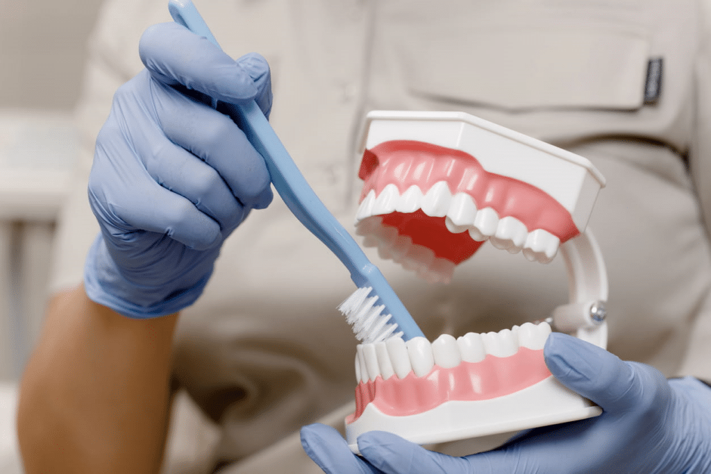 Close-up of the dentist's hands showing on an artificial jaw how to properly brush your teeth with a toothbrush to prevent gum disease.