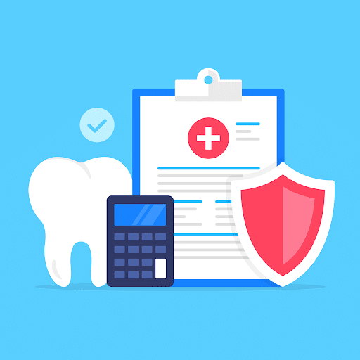 Graphic elements of a dental insurance form, tooth, calculator, and a red shield.