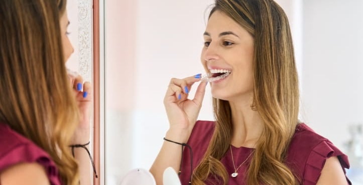 A woman putting her Invisalign retainer in while looking in the mirror.