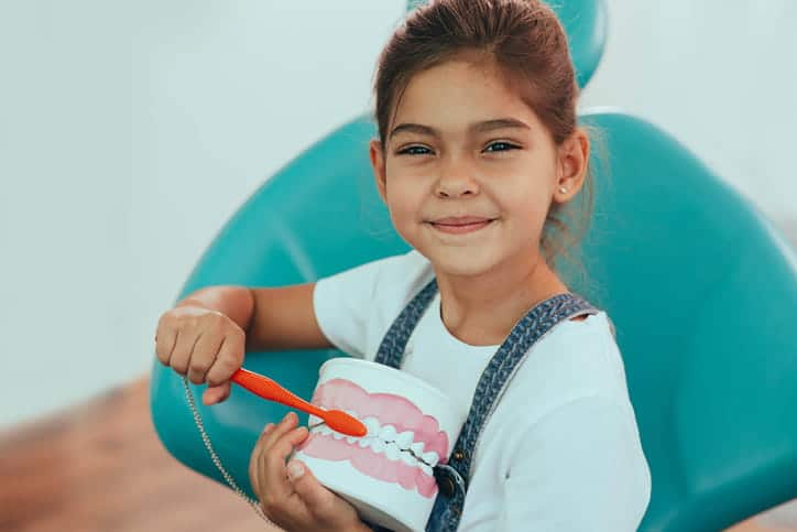 A young girl practicing teeth brushing techniques on a 3D model of a mouth. 