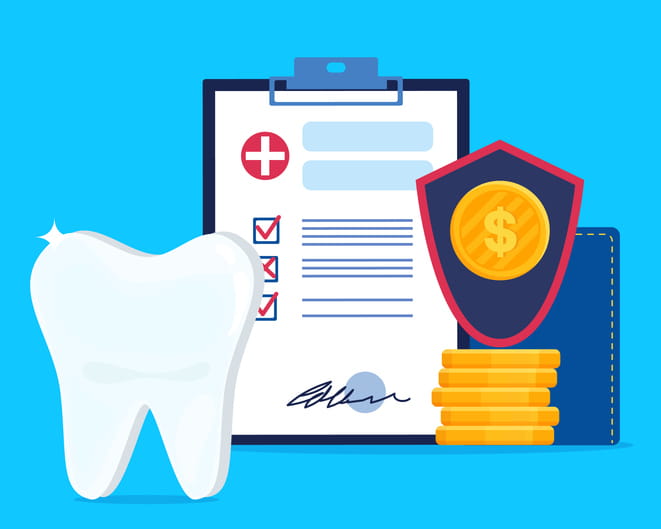 A graphic showing a tooth, a clipboard with papers on it, and a stack of coins with a money symbol.