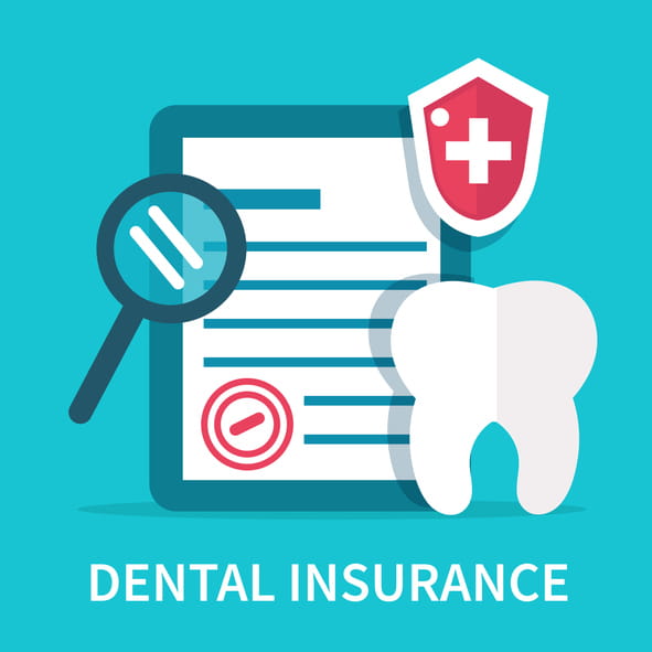 A graphic that reads "Dental Insurance" and shows a clipboard, a magnifying glass, a health plus sign, and a tooth.