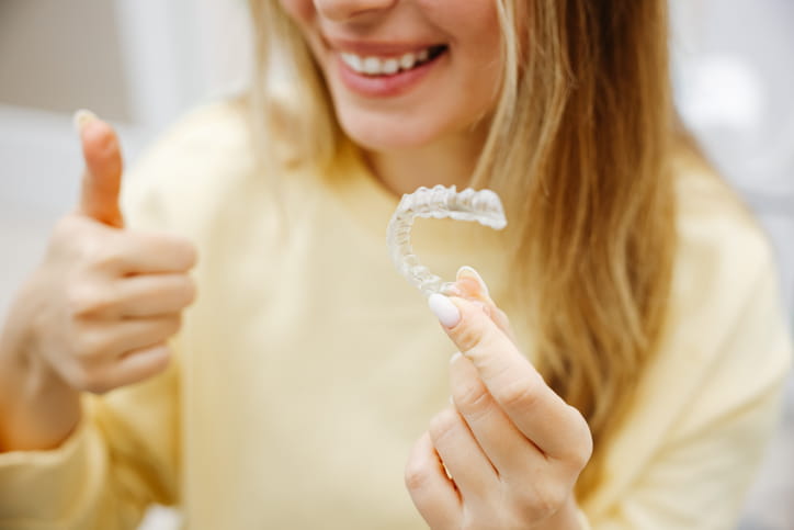 A woman holding an Invisalign retainer and giving a thumbs up while smiling. 