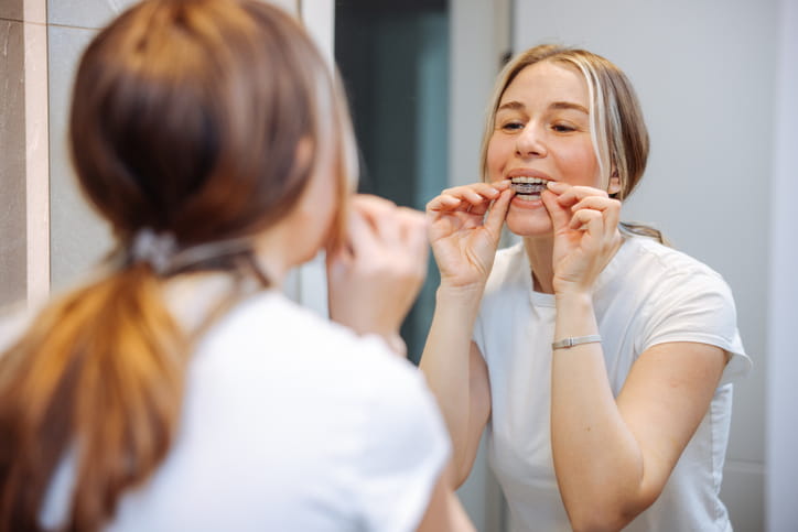 A woman puts in her invisible braces retainer while looking in the mirror. 