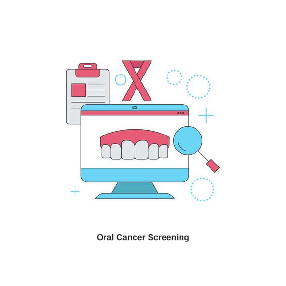 A graphic showing teeth, a ribbon, and clipboard, with text that reads: "Oral Cancer Screening."